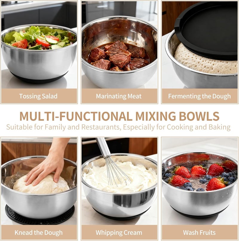 Deedro Premium Mixing Bowls with Airtight Lids Set, 22Pcs Thicker Stainless Steel Mixing Bowl Set, Large Prep Metal Bowls, Non-Slip Silicone Base Nesting Bowls for Kitchen, 1.5/2/3/4/5 QT, Black - Image 5